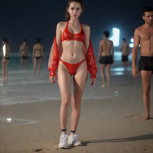 Prompt:  hot lasty flesh damp red thong late-night beetwen a very dense crowd touched by a sutry sport adidas fashion transparent ultra short wear amidst the cinematic ultra futuric stage on a beach at darkness, cinematic thin with ideal forms, sharp focus, high sneakers. dilated pupils, transparent cinematic exposes glisten glared full cinematic