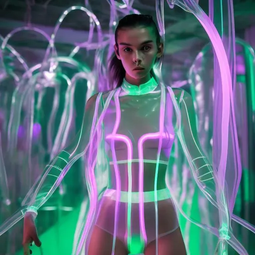 Prompt: revealing fashion model, party, crowd, thin figure, darkness, techno interior, ultraviolet, hair tied in two ponytails with glowing elastic bands, acidic green thong appearing underwear sticking out from under a short silver tight transparent latex dress with a short transparent skirt, transparent, high sneakers, looking at camera alluringly, standing in a devious pose, hyperdetailed, beautiful composition