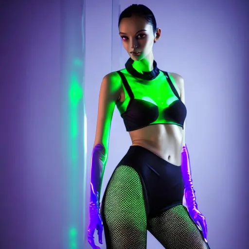 Prompt: revealing fashion model, thin figure, darkness, techno interior, silver, ultraviolet,  fishnet gloves, thong underwear appearing sticking out from under a short tight transparent latex dress with a short transparent skirt, transparent, acidic green glowing high sneakers, smiling face, looking at camera alluringly, standing in a devious pose, hyperdetailed, beautiful composition