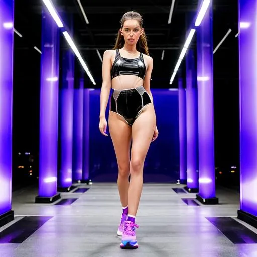 Prompt: full body shot of a revealing fashion model, thin figure, darkness, ultraviolet, techno interior, thong appearing underwear sticking out from under the short tight transparent latex overalls with a short transparent skirt, transparent, high sneakers, looking at camera alluringly, standing in a devious pose, hyperdetailed, beautiful composition