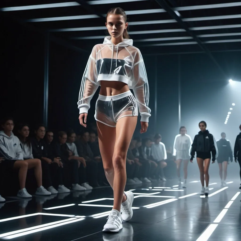 Prompt: sport adidas fashion transparent ultra short wear model defile podium amidst the cinematic ultra futuric stage at darkness, cinematic thin with ideal forms, sharp focus, high sneakers. dilated pupils, transparent cinematic exposes her glisten glared full body cinematic 