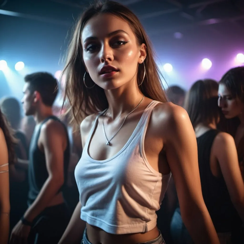 Prompt: close up music dancing sport fashion model exposed amidst the edm party crowd at darkness, thin with ideal forms, glared at shuffle dancing, sharp focus, sneakers.