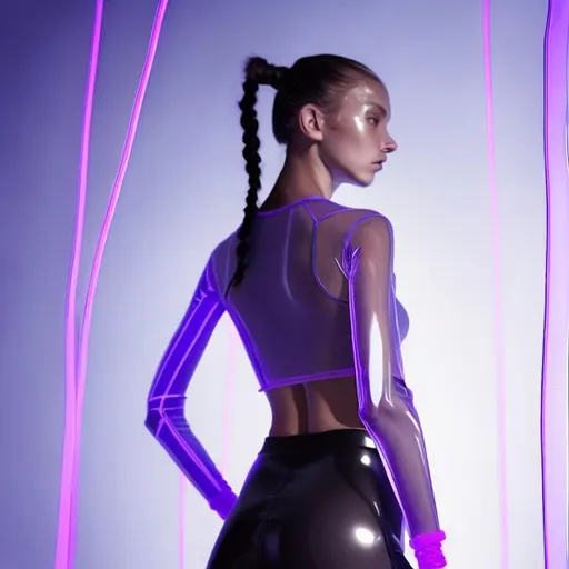 Prompt: revealing fashion model, thin figure, darkness, techno interior, ultraviolet,  hair tied in two ponytails with glowing elastic bands, thong appearing underwear sticking out from under a short silver tight transparent latex dress with a short transparent skirt, transparent, high sneakers, looking at camera alluringly, standing in a devious pose, hyperdetailed, beautiful composition