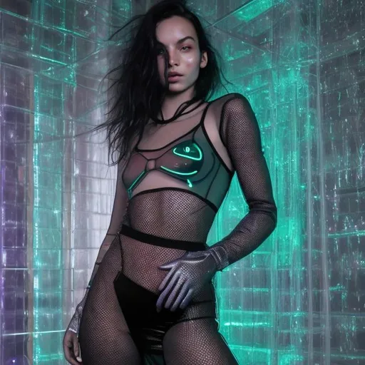 Prompt: full body shot of a revealing fashion model, thin figure, darkness, techno interior, silver, ultraviolet,  fishnet gloves, thong underwear appearing sticking out from under a short tight transparent latex dress with an extremely short transparent skirt, transparent, high sneakers, acidic ultraviolet glowing, smiling face, make up, acidic green glowing, looking at camera alluringly, standing in a devious pose, hyperdetailed, beautiful composition