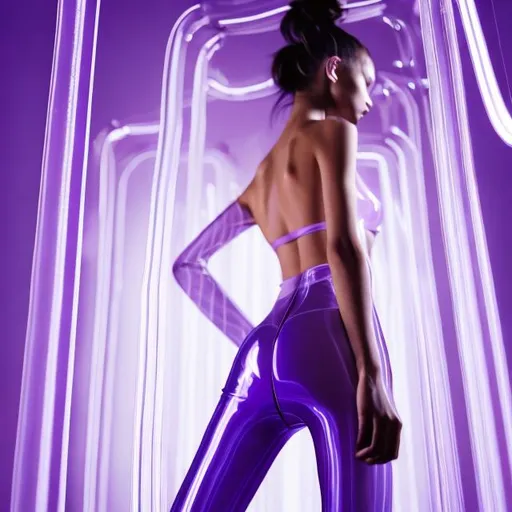 Prompt: revealing fashion model, thin figure, darkness, techno interior, ultraviolet,  hair tied in two ponytails with glowing elastic bands, thong appearing underwear sticking out from under a short silver tight transparent latex dress with a short transparent skirt, transparent, high sneakers, looking at camera alluringly, standing in a devious pose, hyperdetailed, beautiful composition