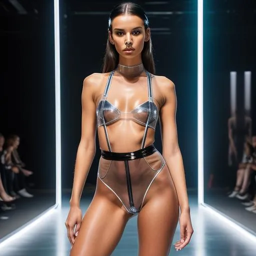 Prompt: full body shot of a revealing fashion model, thin figure, darkness, ultraviolet, techno interior, thong appearing underwear sticking out from under the short silver tight transparent latex overalls with a short transparent skirt, transparent, high sneakers, looking at camera alluringly, standing in a devious pose, hyperdetailed, beautiful composition