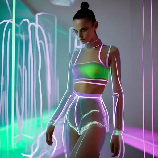 Prompt: revealing fashion model, thin figure, darkness, techno interior, ultraviolet, hair tied in two ponytails with glowing elastic bands, acidic green thong appearing underwear sticking out from under a short silver tight transparent latex dress with a extremely short transparent skirt, transparent, high sneakers, looking at camera alluringly, standing in a devious pose, hyperdetailed, beautiful composition