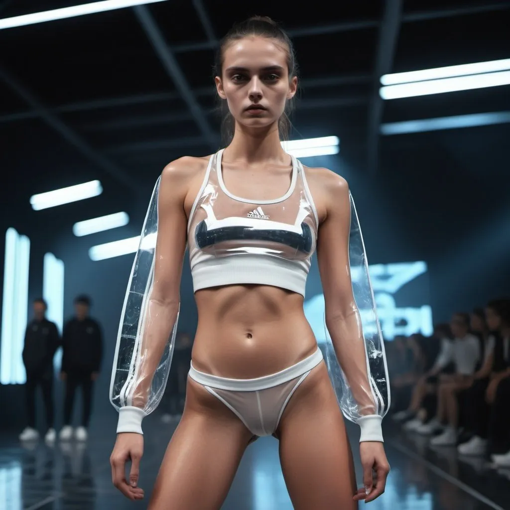 Prompt: sport adidas fashion transparent model defile podium amidst the cinematic ultra futuric stage at darkness, cinematic thin with ideal forms, sharp focus, high sneakers. dilated pupils, transparent cinematic exposes her glisten glared full body cinematic 