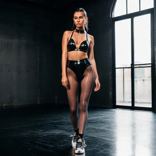 Prompt: full body shot of a revealing fashion model, thin figure, darkness, ultraviolet, techno interior, thong appearing underwear sticking out from under the short tight transparent latex overalls with a short transparent skirt, transparent, high sneakers, looking at camera alluringly, standing in a devious pose, hyperdetailed, beautiful composition