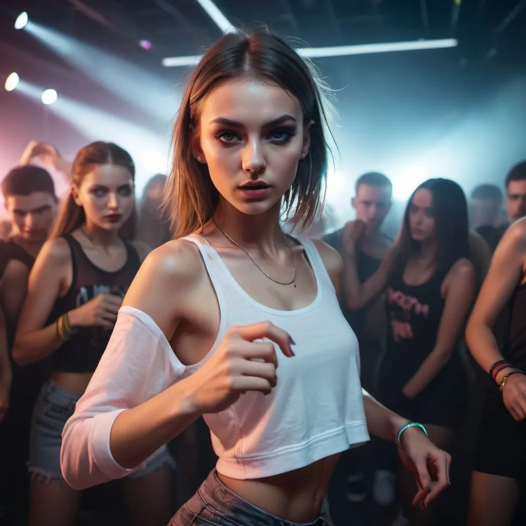 Prompt: close up music dancing sport fashion model amidst the edm party crowd at darkness, thin with ideal forms, glared at shuffle dancing, sharp focus, sneakers. dilated pupils,transparent exposes her, inviting touches. full body shoot
