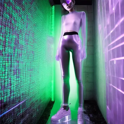 Prompt: revealing fashion model, thin figure, darkness, techno interior, ultraviolet, thong underwear appearing sticking out from under a short silver tight transparent latex dress with a short transparent skirt, transparent, acidic green glowing high sneakers, fishnet gloves, smiling face, looking at camera alluringly, standing in a devious pose, hyperdetailed, beautiful composition