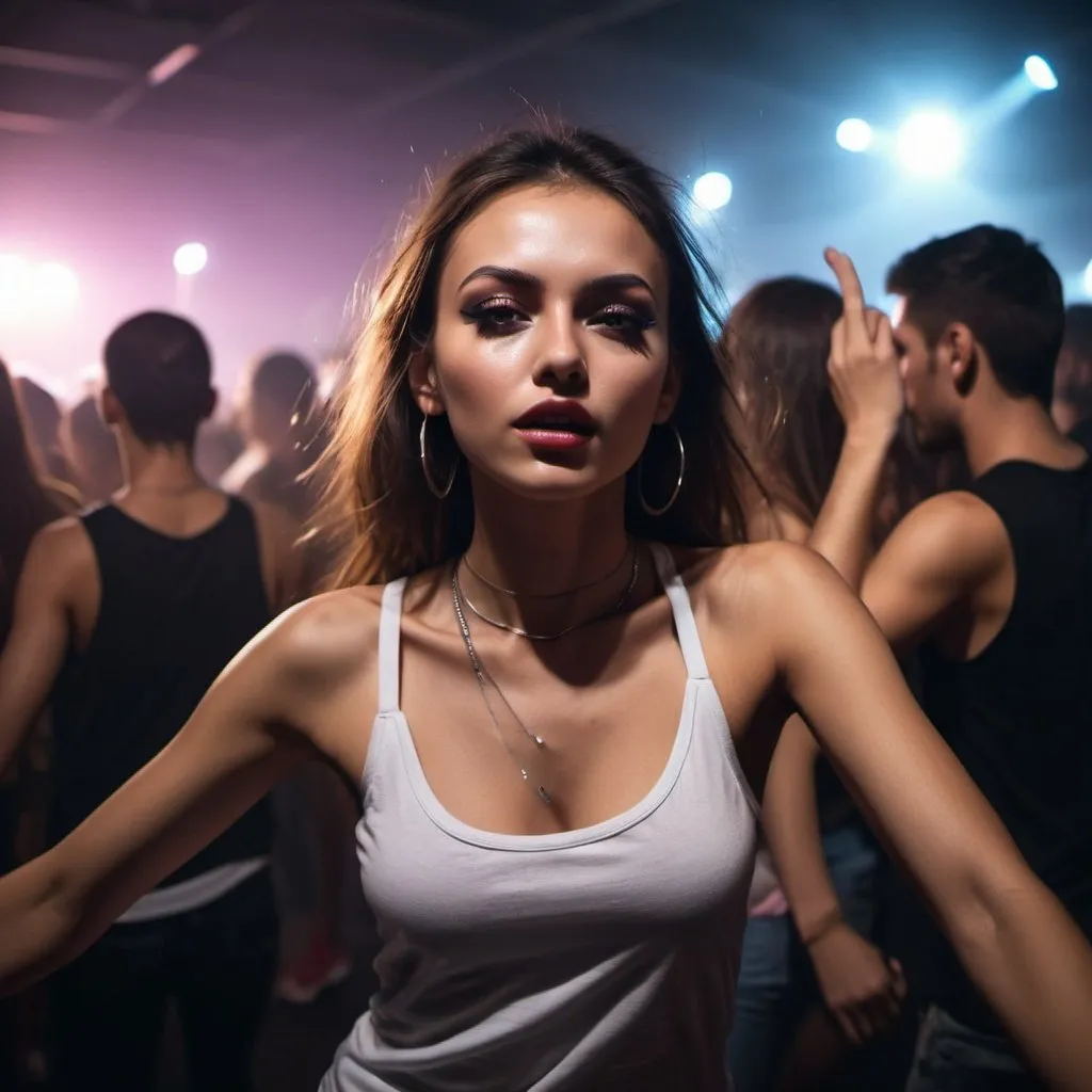 Prompt: close up music dancing sport fashion model exposed amidst the edm party crowd at darkness, thin with ideal forms, glared at shuffle dancing, sharp focus, sneakers.