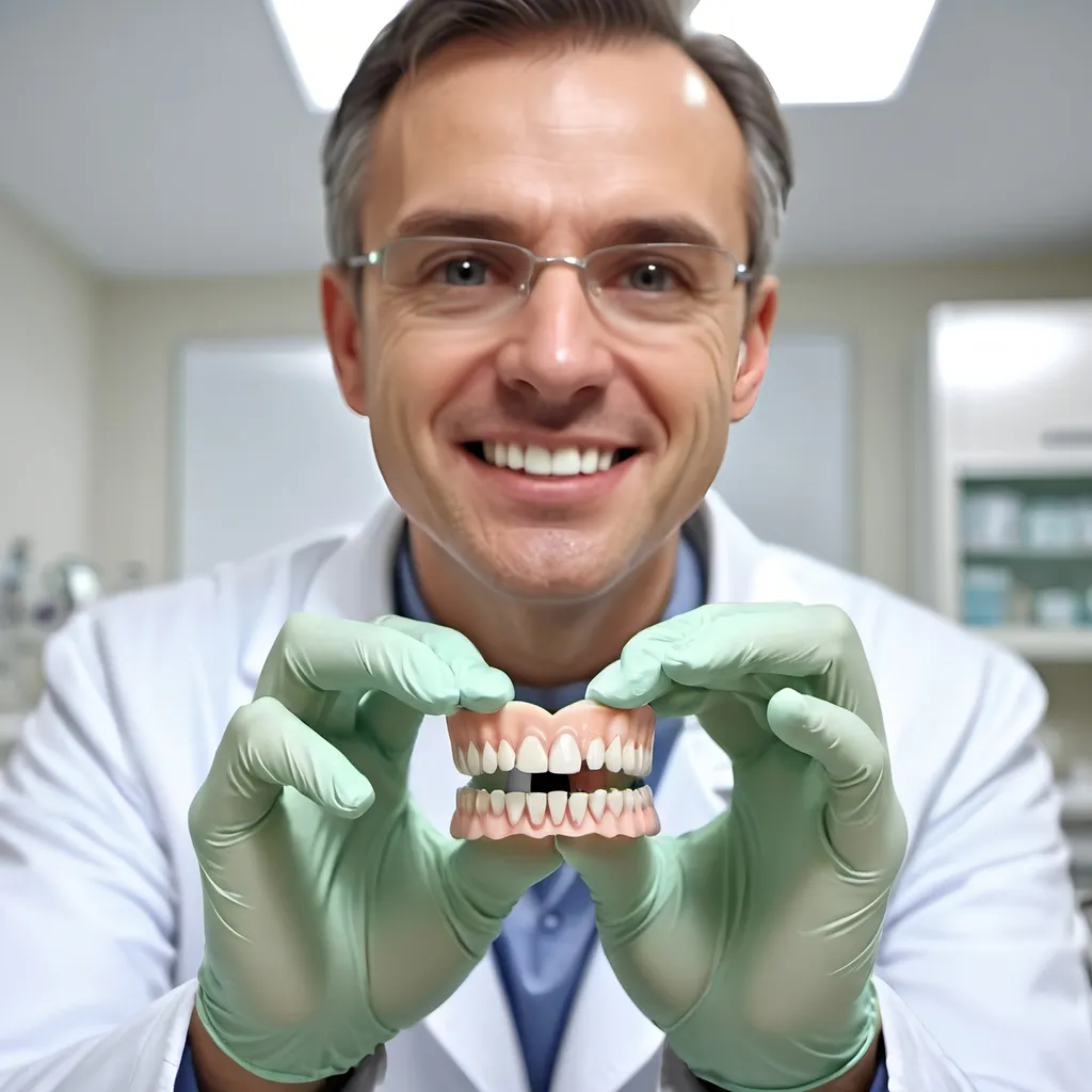 Prompt: Artificial teeth held in the hands of a doctor, bright clinical setting, crisp and clean lab environment, neutral color tones, professional atmosphere, sterile medical equipment in background, close-up view, focus on details of both hands and teeth, emphasis on texture and shine of artificial teeth, doctor wearing gloves and a lab coat, sharp lighting, high-quality, ultra-detailed, 4K.