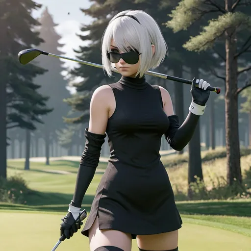 Prompt: 2B from Nier Automata playing golf