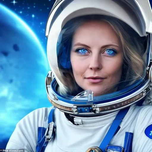 Prompt: she is an astronout age 34 flying in futuristic spacesuit with beautiful blue eyes pictured and viewed from distant about 30 meters