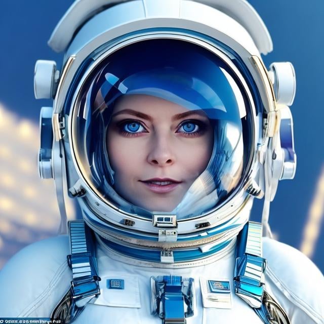 Prompt: she is an astronout age 34 flying in futuristic spacesuit with beautiful blue eyes pictured and viewed from distant about 30 meters