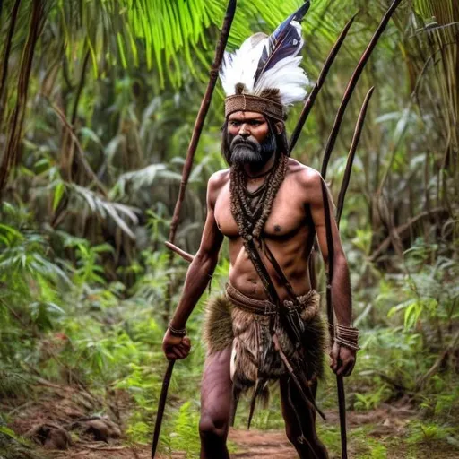 Prompt: he is male tribal warior walking through jungle with spears his left hand, he is wearing feather hat, his eyes is very strong sight