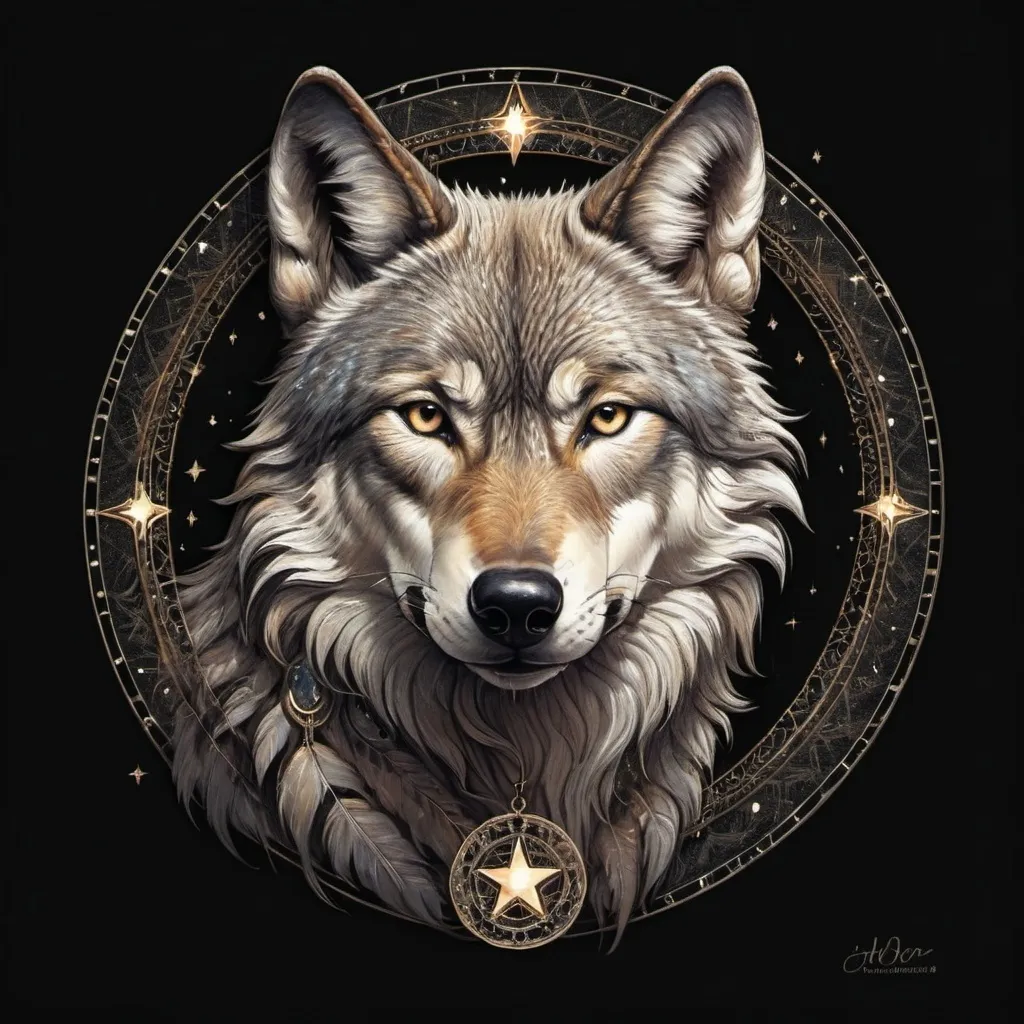 Prompt: (wolf with a circle around its neck), (star in the background with a circle), Caspar Wolf style, **furry art**, intricate details, **highly detailed drawing**, warm tones, soft shadows, tranquil atmosphere, ethereal ambiance, lush furry textures, captivating night sky, enchanting illumination, **ultra-detailed**, focus on the elegance and grace of the wolf, harmoniously blended elements.