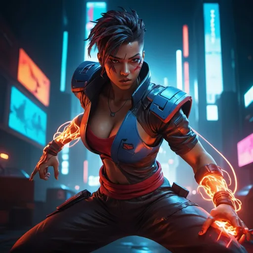 Prompt: (fighting game character) in action pose, emphasizing (dynamic movement), high intensity, vivid color palette with fiery reds and electric blues, cyberpunk aesthetic, ultra-detailed, 4K resolution, atmospheric lighting, dramatic shadows, powerful and determined facial expression, battle-scarred outfit, energy aura surrounding the character, stylized background featuring futuristic cityscape, neon lights, high-tech elements, cinematic composition, inspired by (trending on artstation), digital rendering, 3D model 

