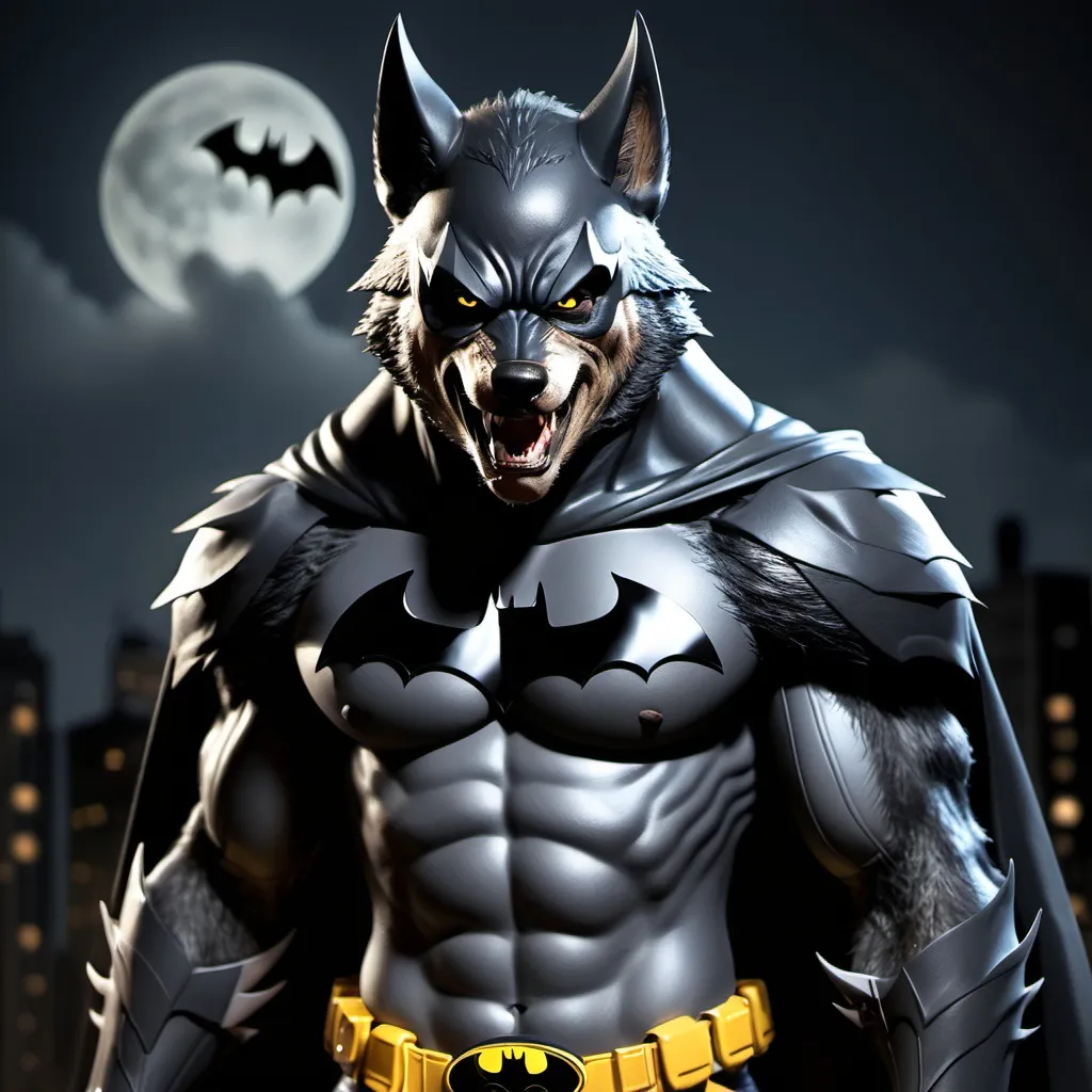 Prompt: warewolf wearing batman costume