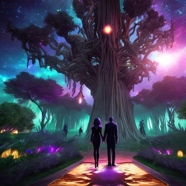 Prompt: Dreamcore afterhours man and woman holding hands walking down a mysterious tree lined path  that leads to space