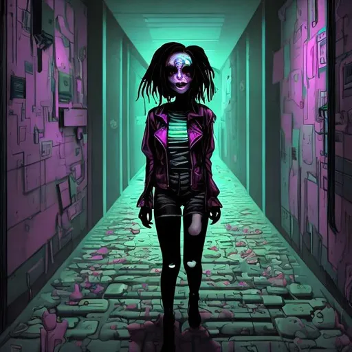 Prompt: Afterhours Weirdcore Fear Girl feeling small walking down a nostalgic hallway