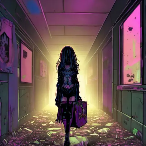 Prompt: Afterhours Weirdcore Fear Girl feeling small walking down a nostalgic hallway