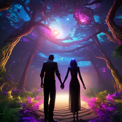 Prompt: Dreamcore afterhours man and woman holding hands walking down a mysterious tree lined path  that leads to space