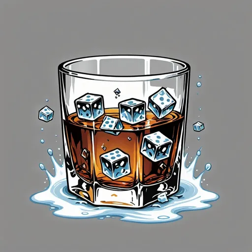 Prompt: A glass, filled with whiskey in which ice cube in the shape of dices for dungeons and dragons are floating