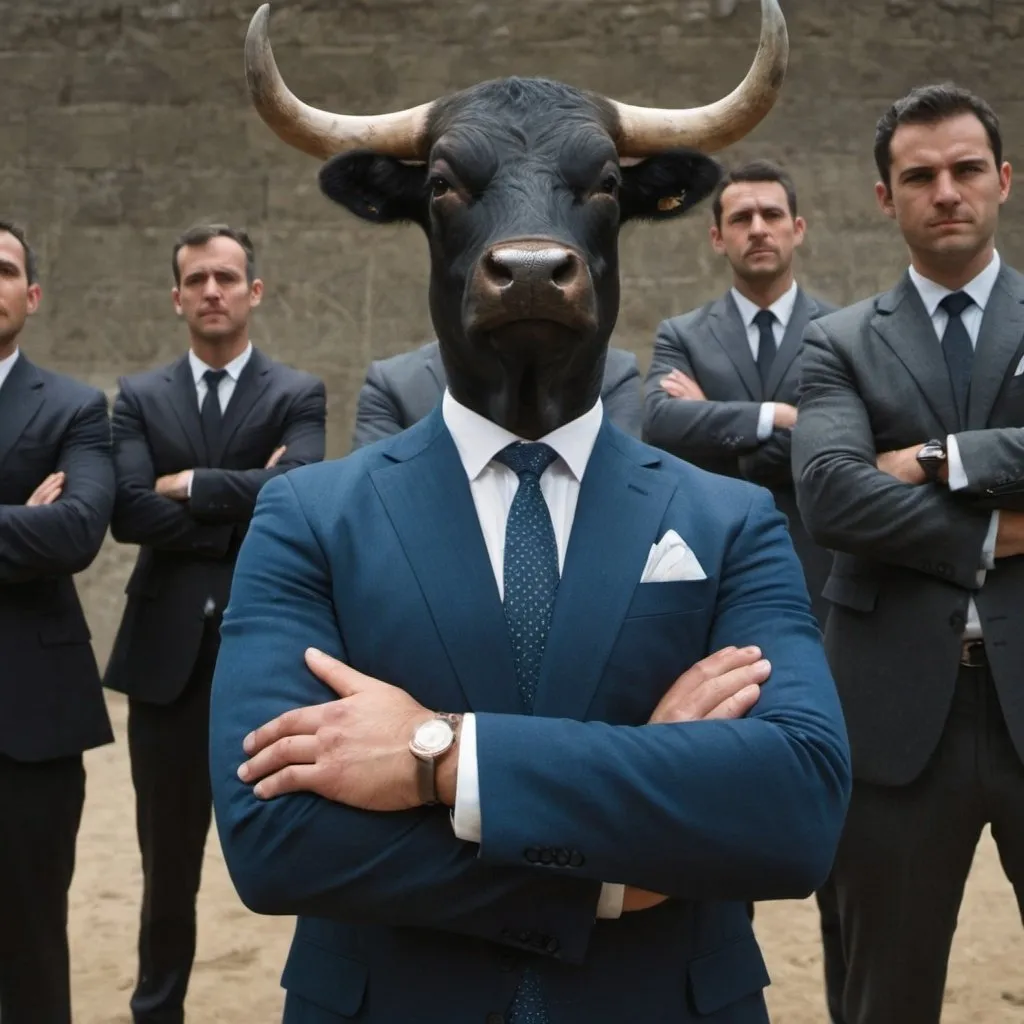 Prompt: Bull-wearing suit Standing with arms crossed, With a group of men behind him
