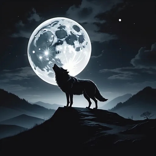 Prompt: dark night with full moon with a wolf at hill