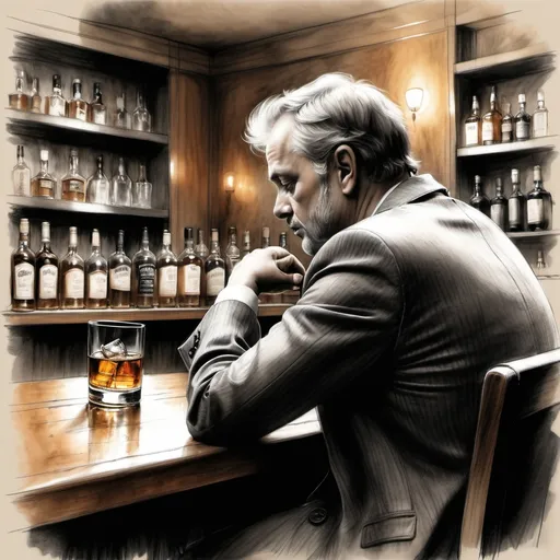 Prompt: Create a charcoal sketch of a middle aged man in an ill fitting sports coat sitting at a bar viewed from the back holding and contemplating a half filled glass of whisky