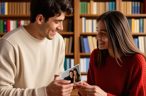 Prompt: intimate conversation between a male and female college student, the male holding a family photo, soft warm lighting, cozy atmosphere, expressions of joy and nostalgia, detailed facial features, university backdrop with books and a campus setting, focus on gestures and connection, high detail, ultra-realistic, emotionally charged ambiance, capturing a moment of shared stories and memories.