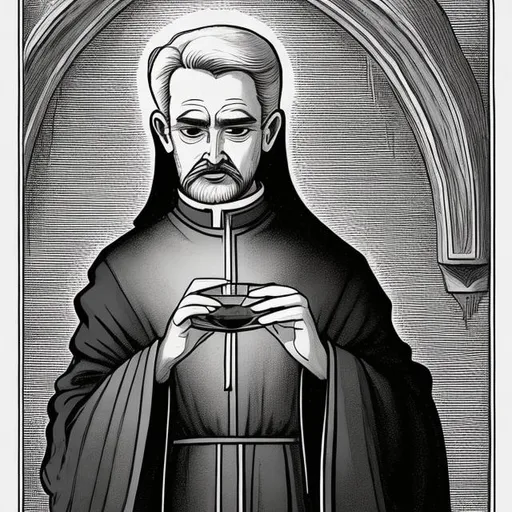 Prompt: A handsome male priest in a cassock. He has a full head of grey hair. He has a thick mustache. He is licking his lips. He holds a clear crystal chalice in his hands and offers it to us. The chalice is running over with milk. In the style of Josman.