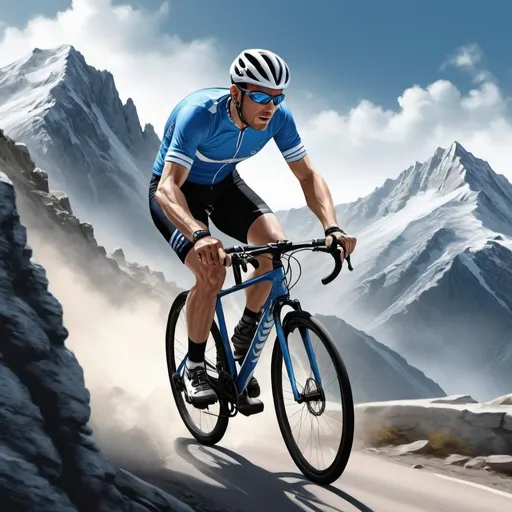 Prompt: Photorealistic cyclist riding to the top of the mountain. Dominant colors: blue, whit and black.