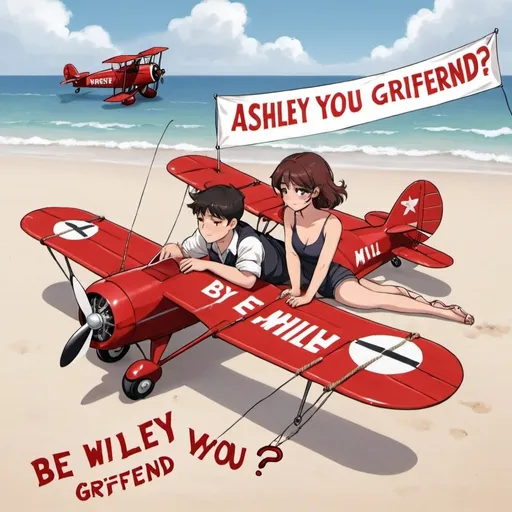 Prompt: a male and female couple laying on the beach with a small red biplane flying over head pulling a banner behind the plane with a rope that says in  "Ashley will you be my girlfriend?"