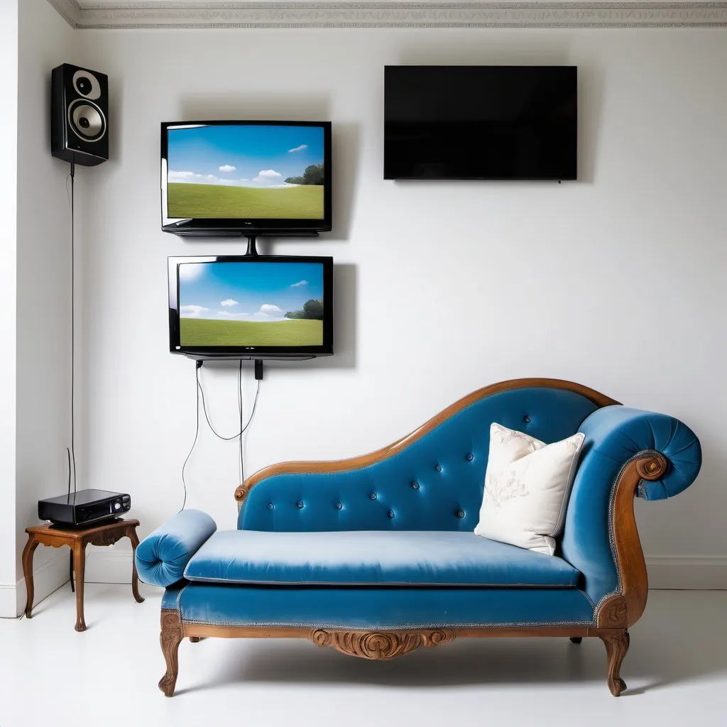 Prompt: Antique blue chaise lounge in a white room with small TV monitors at thae fromnt and back of the couch