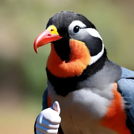 Prompt: A bird with thumbs up wearing a moustache