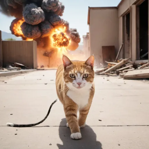 Prompt: cat walking towards camera away from explosion