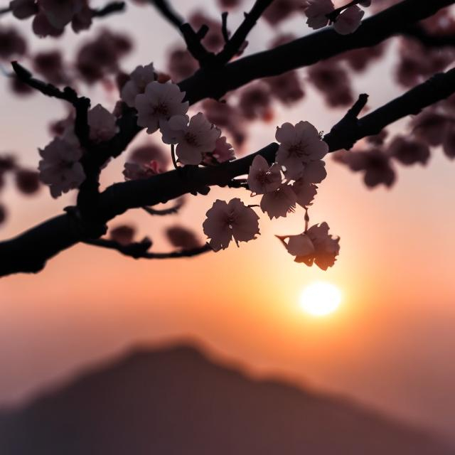 Prompt: single cherry blossom on a mountain sunrise silhouette 