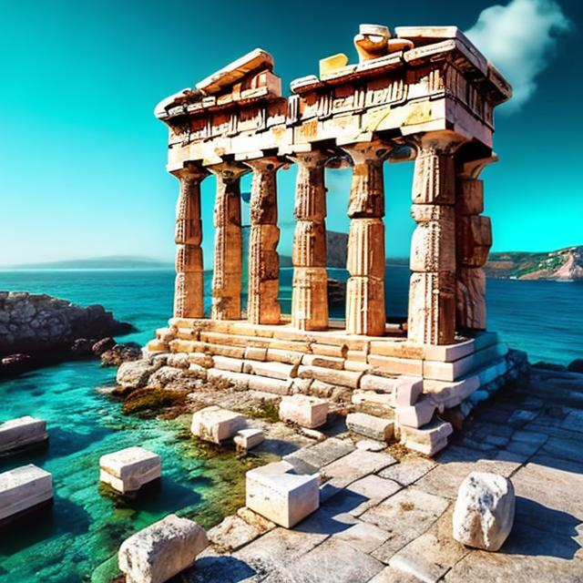 Prompt: Ancient Greek temple sitting on a coastal stack over a turquoise sea