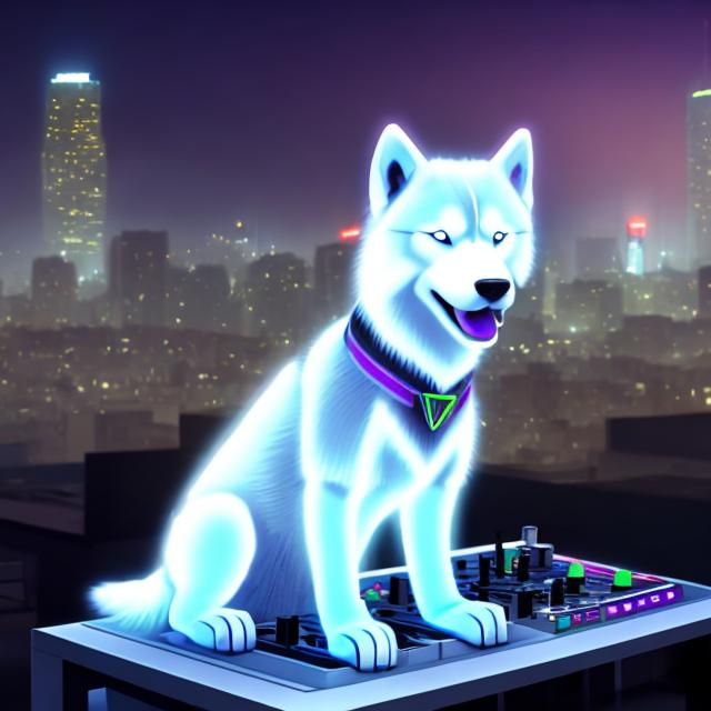 Prompt: neon city white husky dog DJ on rooftop