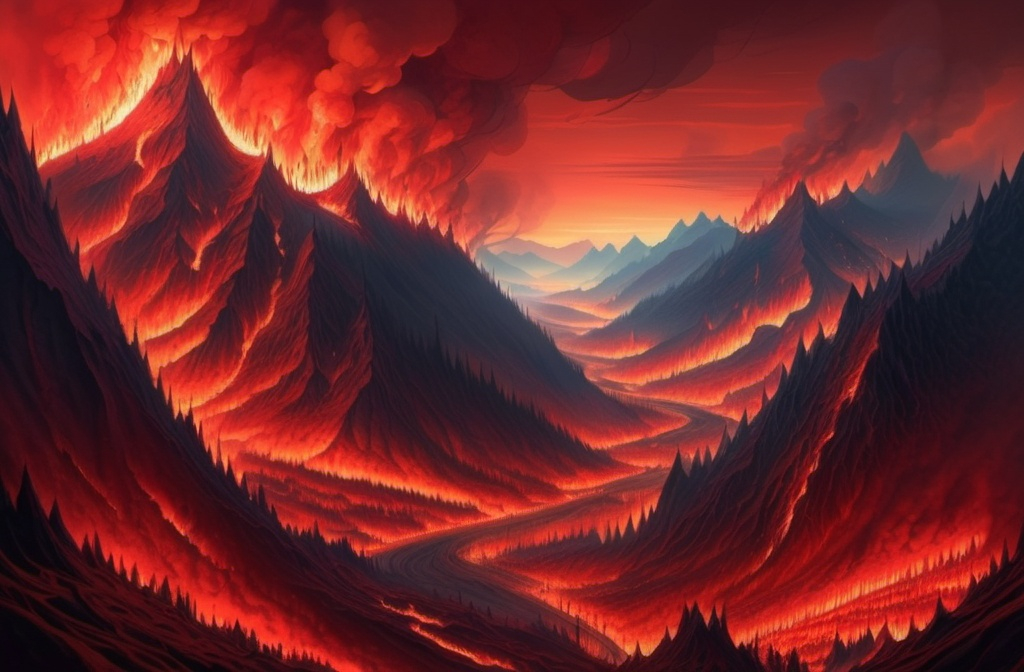 Prompt: mountains and burning forests leading down to a sea of red