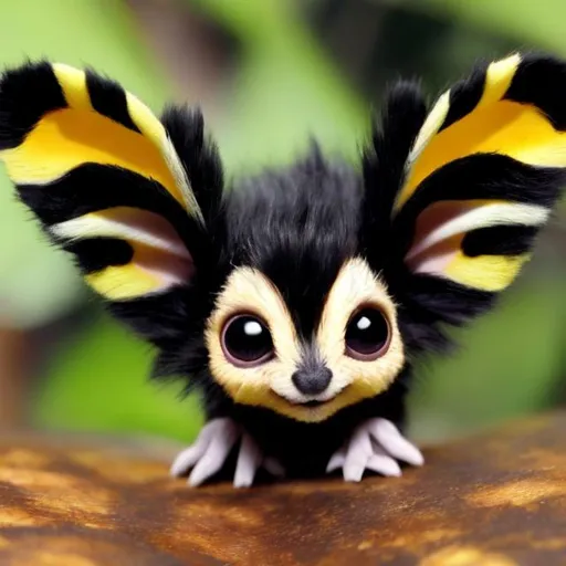 Prompt: small creature big ears small white ruff black and yellow stripes yellow tail