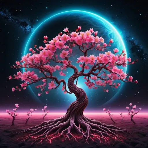Prompt: A glowing neon cherry blossom tree, roots growing into space, eclipse behind, galaxy background