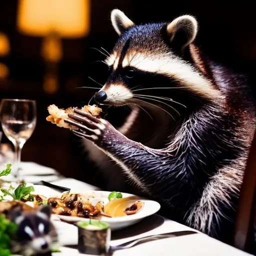 Prompt: racoon eating at a posh restaurant
