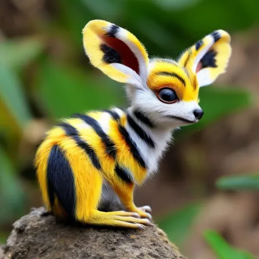 Prompt: small creature big ears small white ruff black and yellow stripes. yellow tail