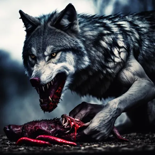 Prompt: alpha sigma demon wolf feasting on corpse