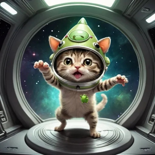 Prompt: cat with a frog hat dancing in a spaceship