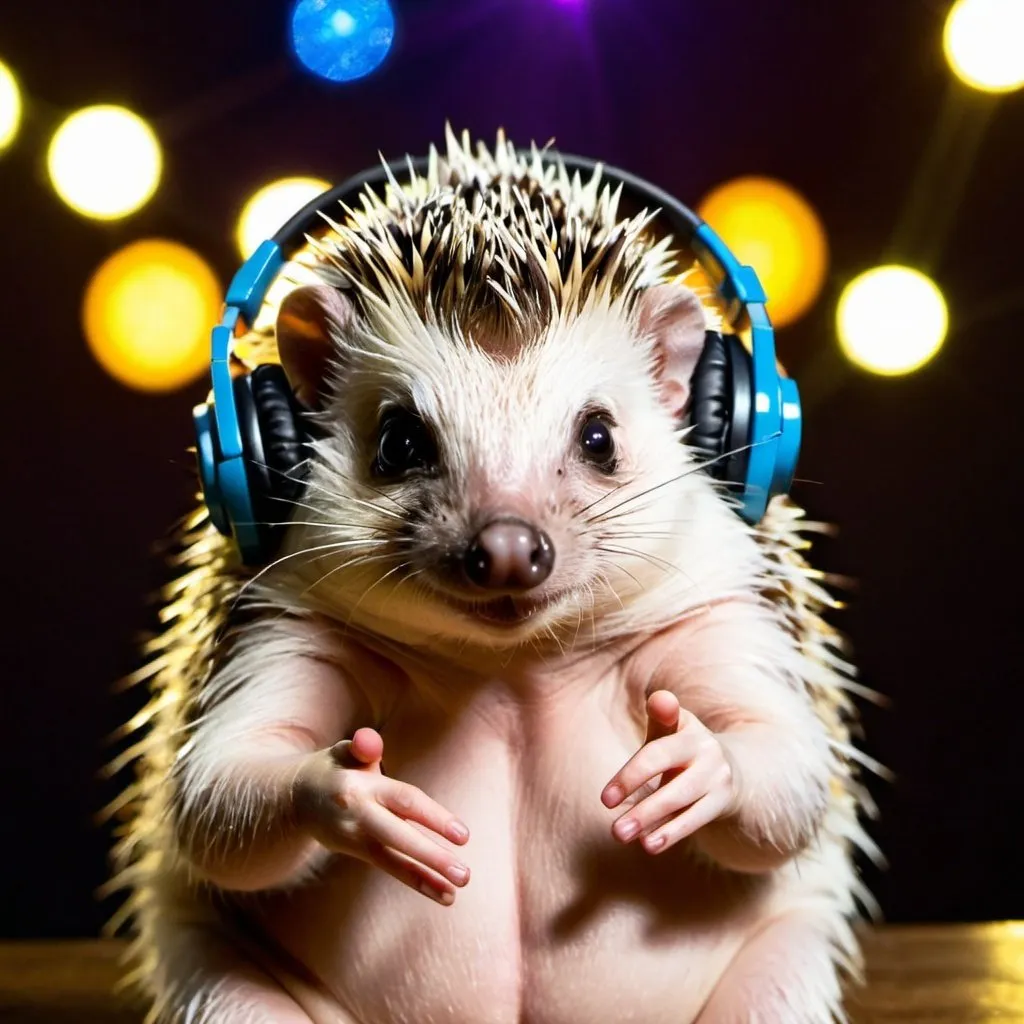 Prompt: hedgehog wearing headphones at a disco